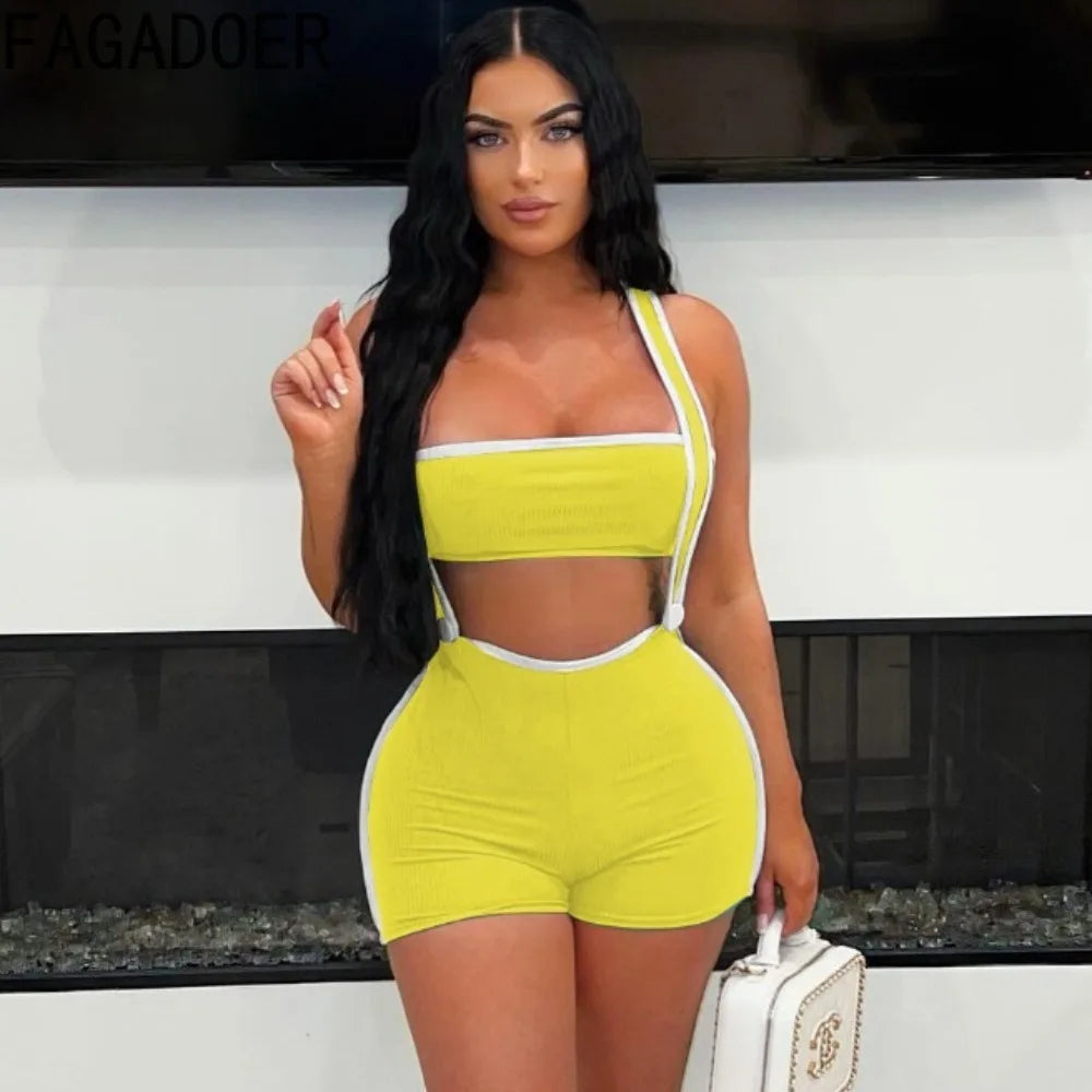 Fashion Stripe Stitching Shorts Two Piece Set Women Sleeveless Backless Tube And Strap Shorts Outfit  Milanni Fashion   