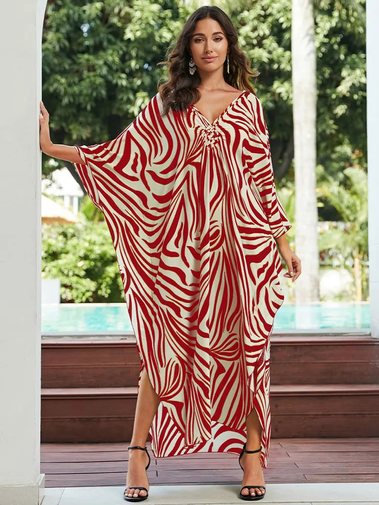 Plus Size Zebra Stripe Straight V Neck Dress For Women Autumn Batwing Sleeve Comfy Outfit  Milanni Fashion   