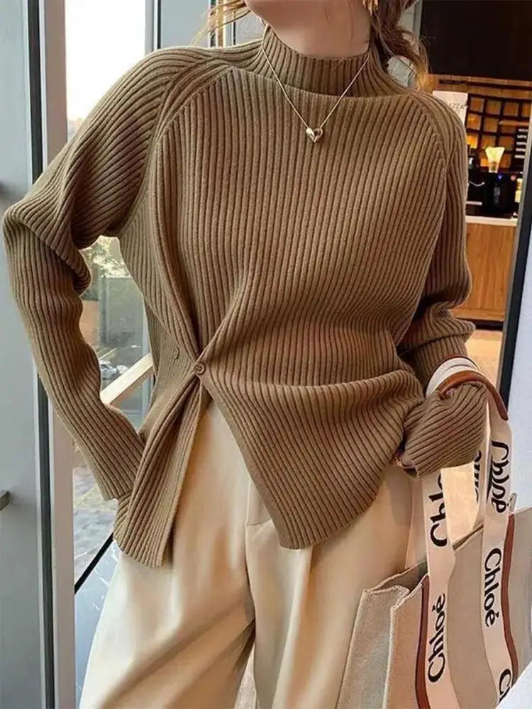 Women Sweater Pullovers Turtleneck Casual Autumn Winter Split Fork Button Chic Sweater  Milanni Fashion Brown One Size 