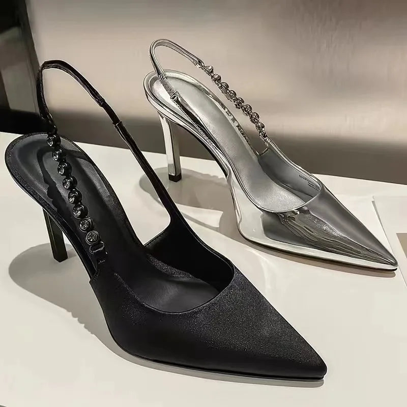 Crystal High Heels Sling Back Pointy Toe Silver Pumps Fashion Luxury Women Shoes Elegant Footwear Milanni Fashion