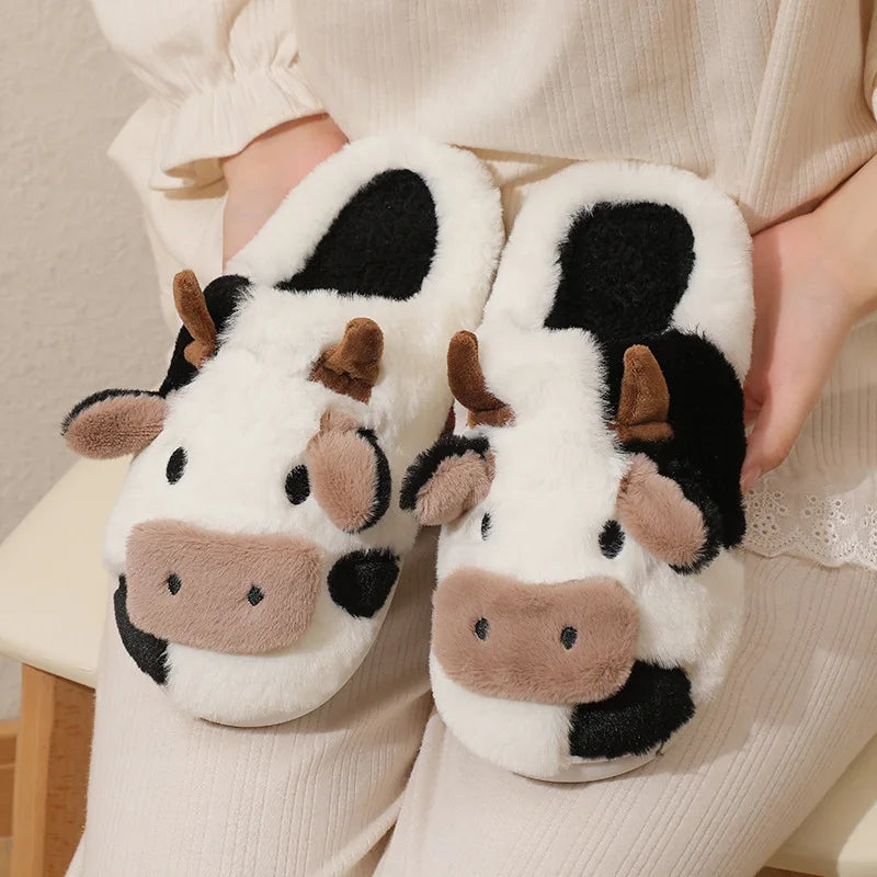 Cute Fluffy Cow Slippers Kawaii Winter Warm Cartoon Milk Cow House Slippers Cozy Footwear for Women Milanni Fashion