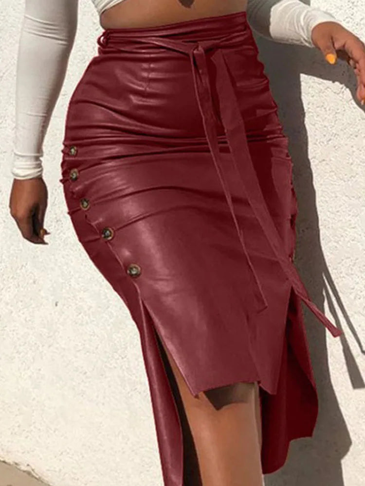 Trendy PU Leather Midi Skirt Stylish Sexy Knee Length Skirt Fashionable High Waisted Design Milanni Fashion