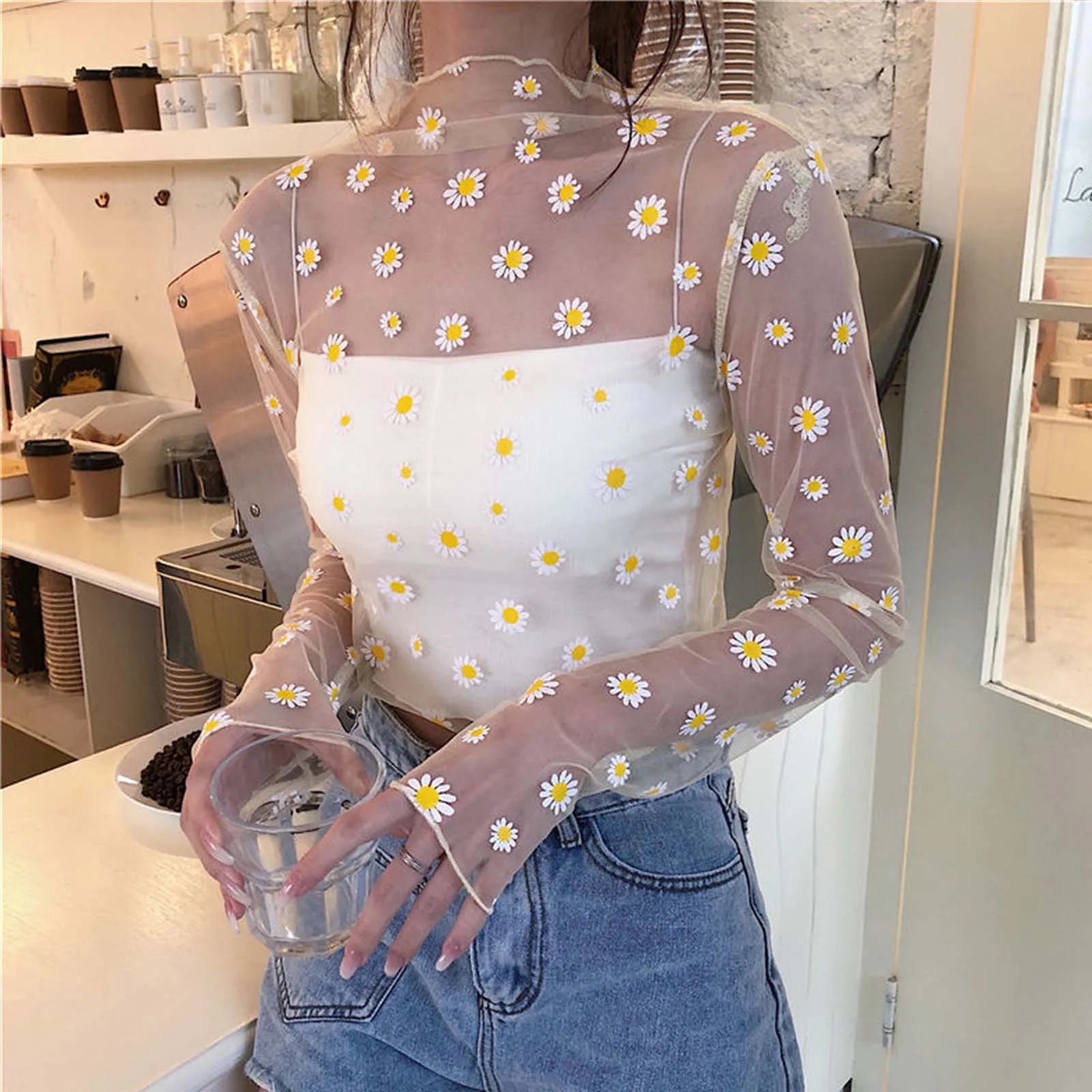 Women Daisy Print Lace Sheer Tops Sexy Tees Long Sleeve Thin Mesh Shirts  Milanni Fashion   