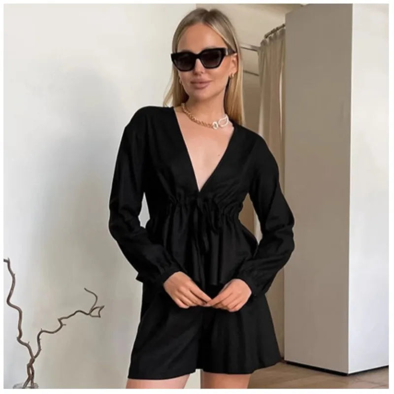 Elegant Black V-Neck Long-Sleeve Top & Shorts for Fashion Women's Spring 2-Piece Set Milanni Fashion