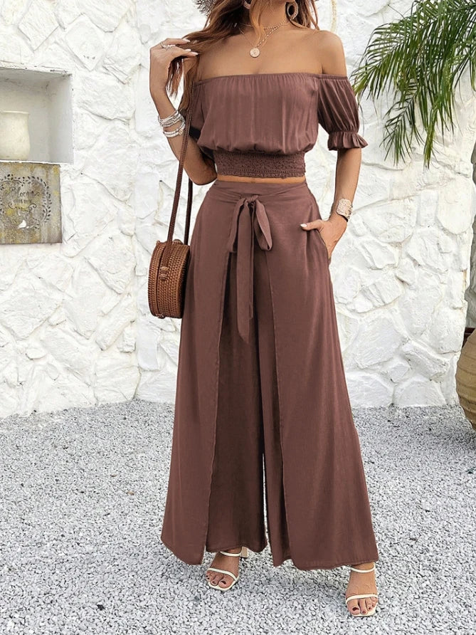 Sexy Elegant Temperament Solid Color Crop Top Wide Leg Pant Set Fashion 2024 Outfit  Milanni Fashion   