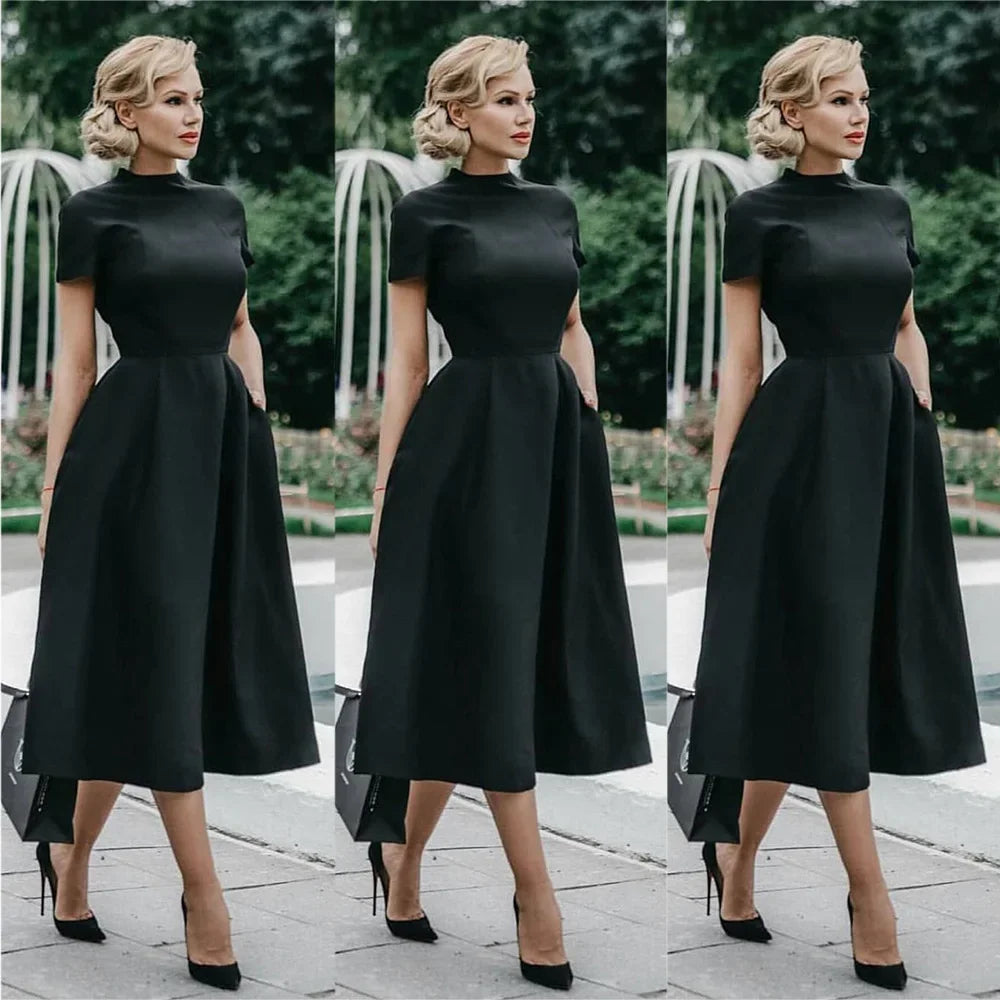 Elegant Black Dress Half High Collar High Waist A-Line Dress Slim Fit Midi Dress Maxi Dress Milanni Fashion   