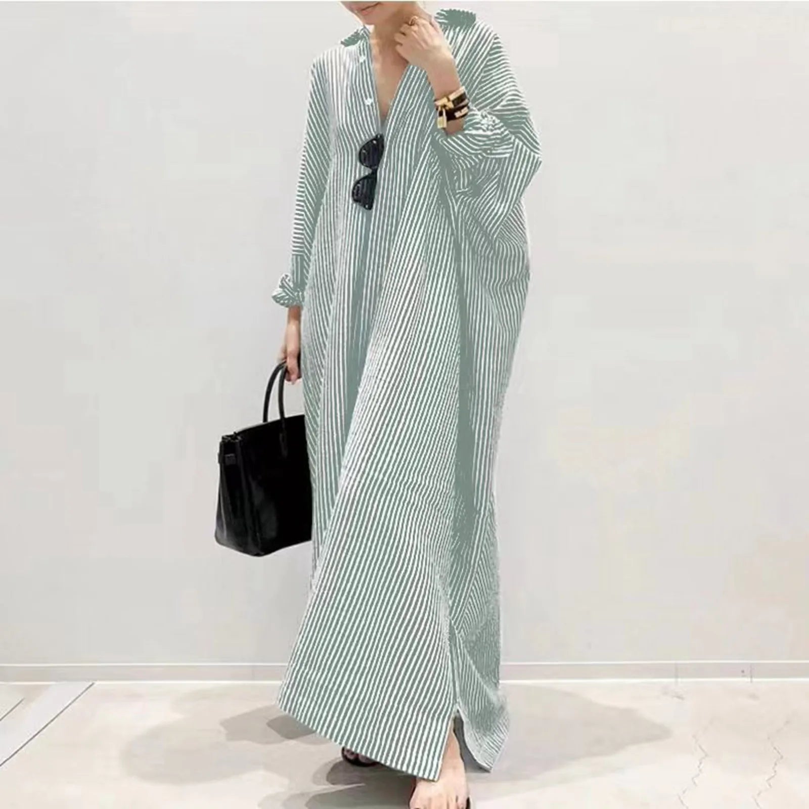 Women Boho Cotton Linen Stripe Print Shirt Dress Oversized Asymmetrical Long Sleeve Maxi Dress Maxi Dress Milanni Fashion   