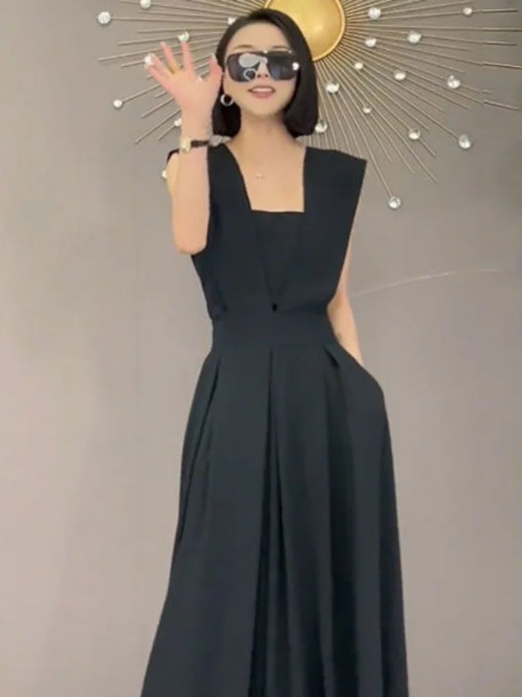 Black Trendy Loose Retro Summer Jumpsuit Feminine Office-Look Sleeveless Simple Elegant Solid Evening Dress Milanni Fashion