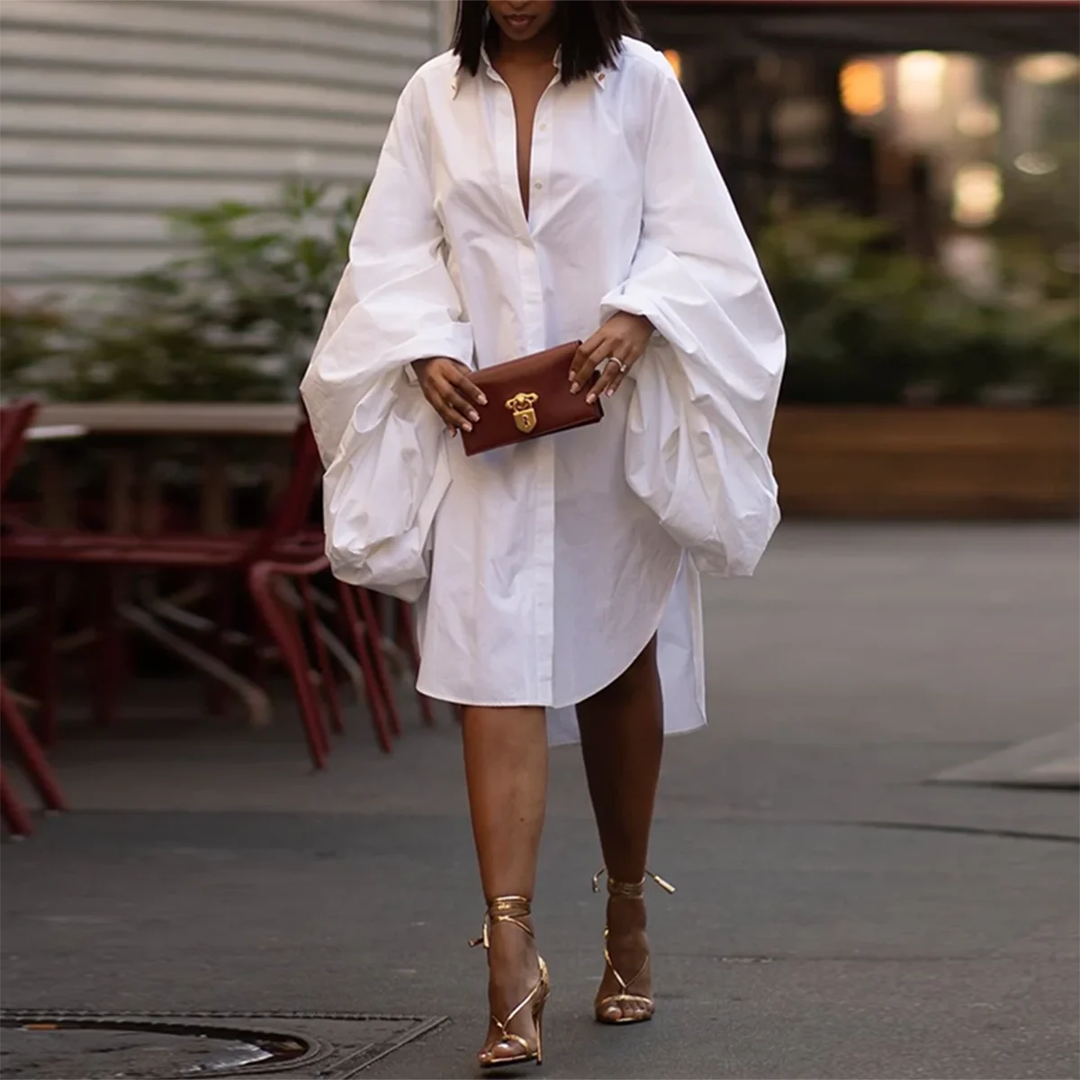 Fashion White Statement Puff Sleeves Loose Pleated Split Side Solid Color Lapel Collar Midi Dress Women Milanni Fashion