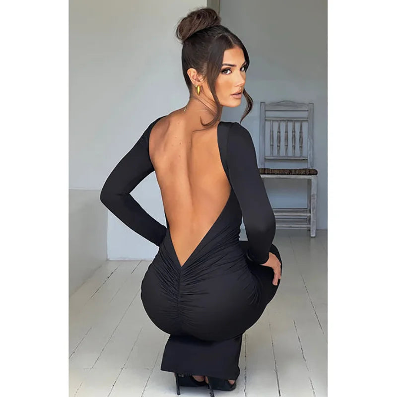 Slim Long-sleeved Backless Sexy Package Hip Dress New Style Dress Midi Dress Milanni Fashion   