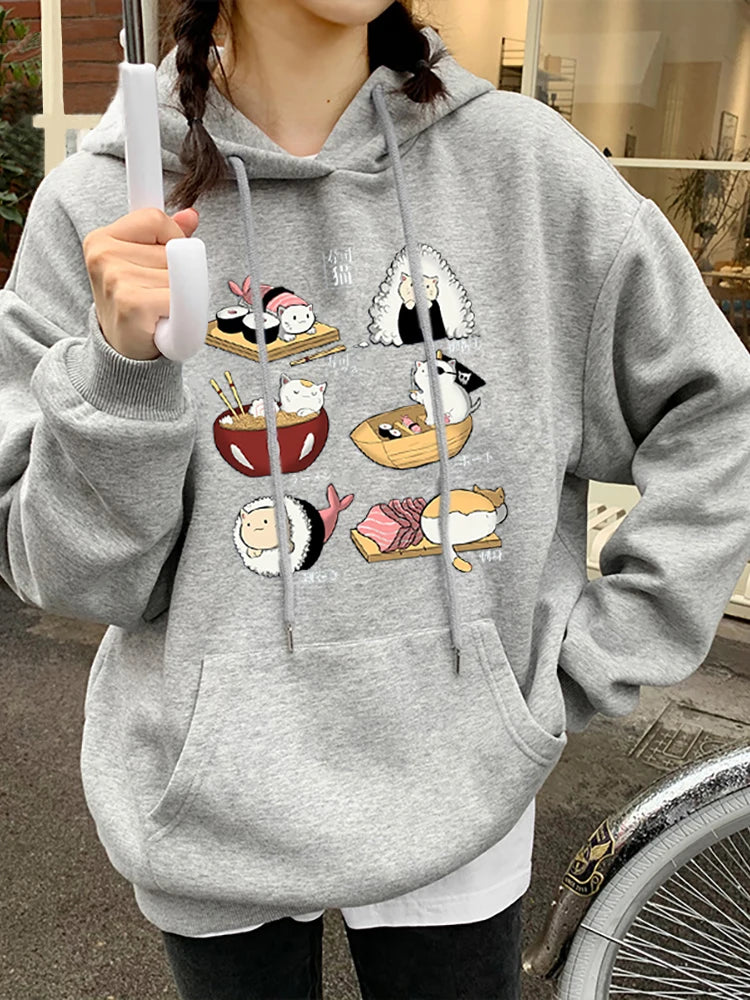 Sushi Cat's Day Harajuku Printed Hoodie Women's Fashion Loose Autumn Fleece Sweatshirt Streetwear Milanni Fashion