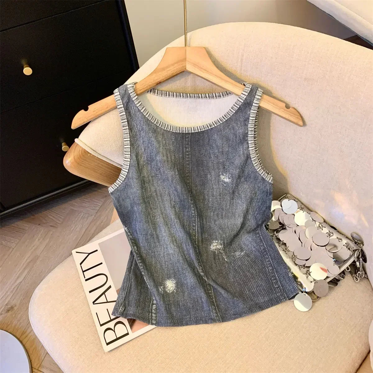 Retro Imitation Denim Printed Suspender Vest Slim Fit Skinny Short Top Stylish Women's Casual Wear Milanni Fashion