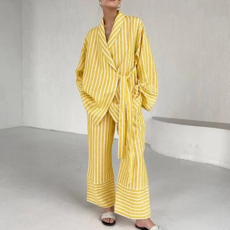 High Waist Wide Pants & Lapel Long Sleeve Shirt Autumn Casual Stripe Suit Set for Women Milanni Fashion Yellow S