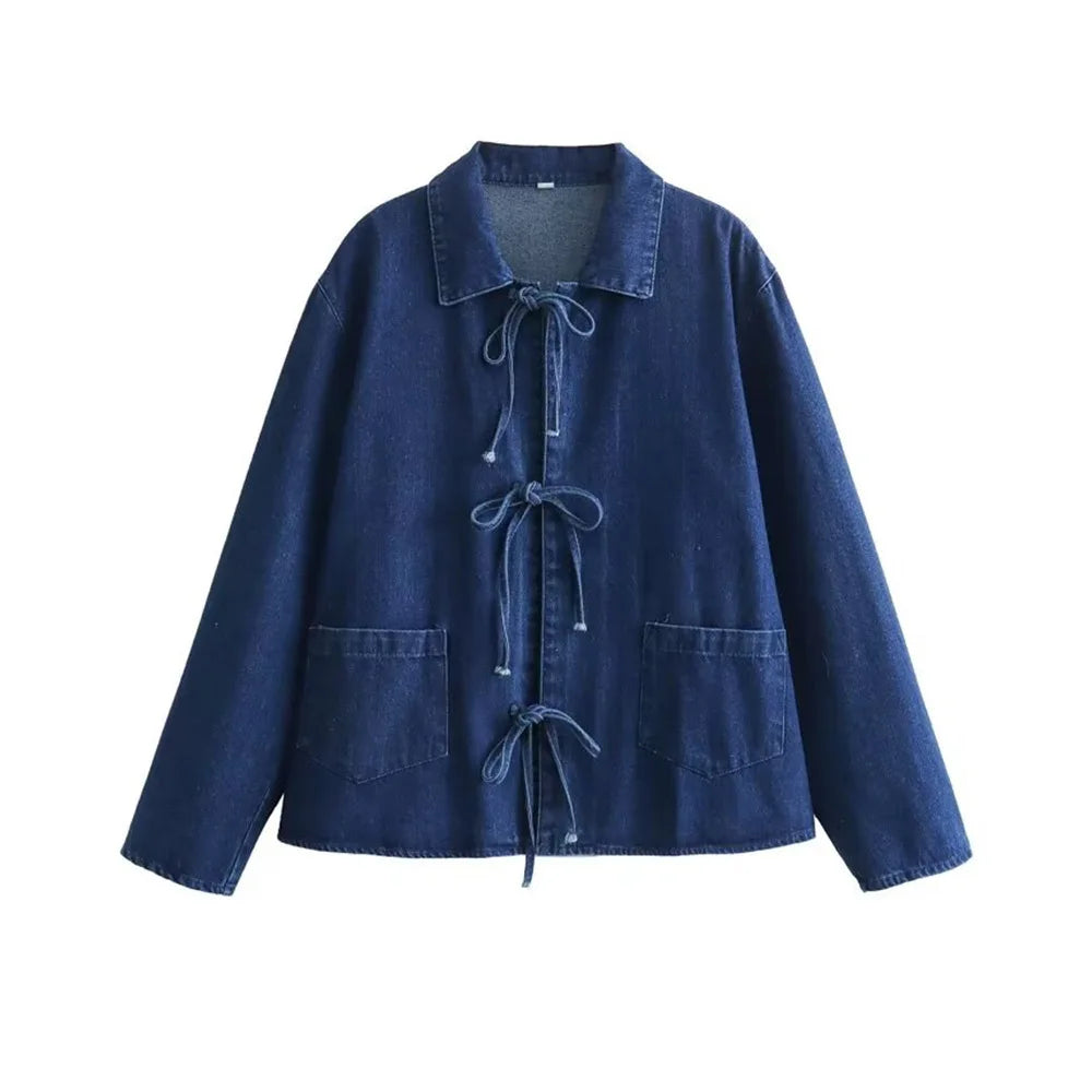 Versatile Lapel Bow Decoration Long Sleeved Pocket Washed Denim Shirt Jacket Stylish Casual Outerwear Milanni Fashion Blue L