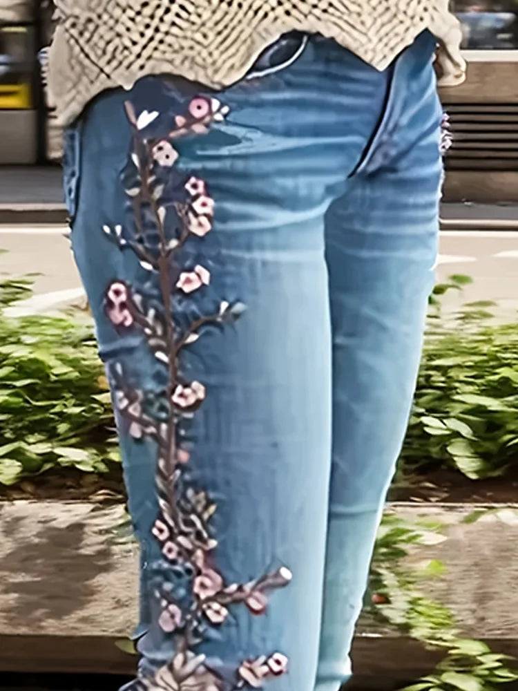 Fashion Vintage Embroidery Jeans for Women Flower Pants Plus Size Straight Leg Mid Waist Denim Trousers Milanni Fashion