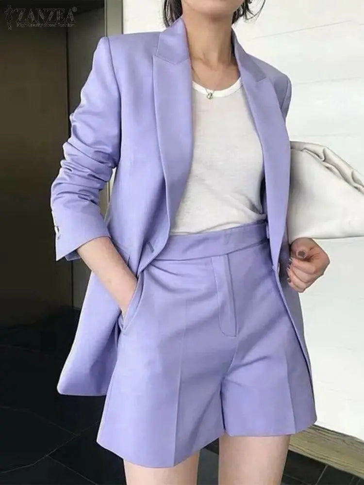 Autumn Pure Cotton Short Sets Long Sleeve Blazer And Short Pant Two piece set Milanni Fashion PURPLE 5XL 