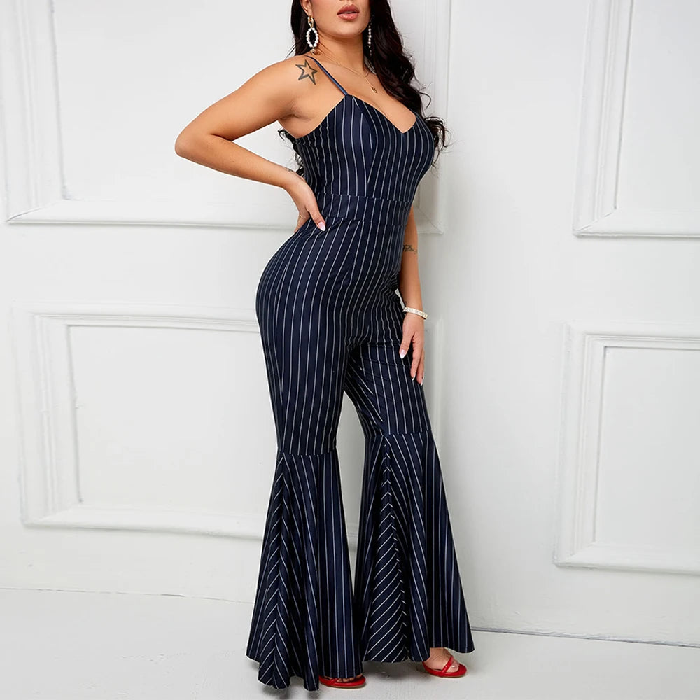 Vertical Striped Suspender Jumpsuit White-Collar Design with Bell-Bottom Pants  Milanni Fashion   