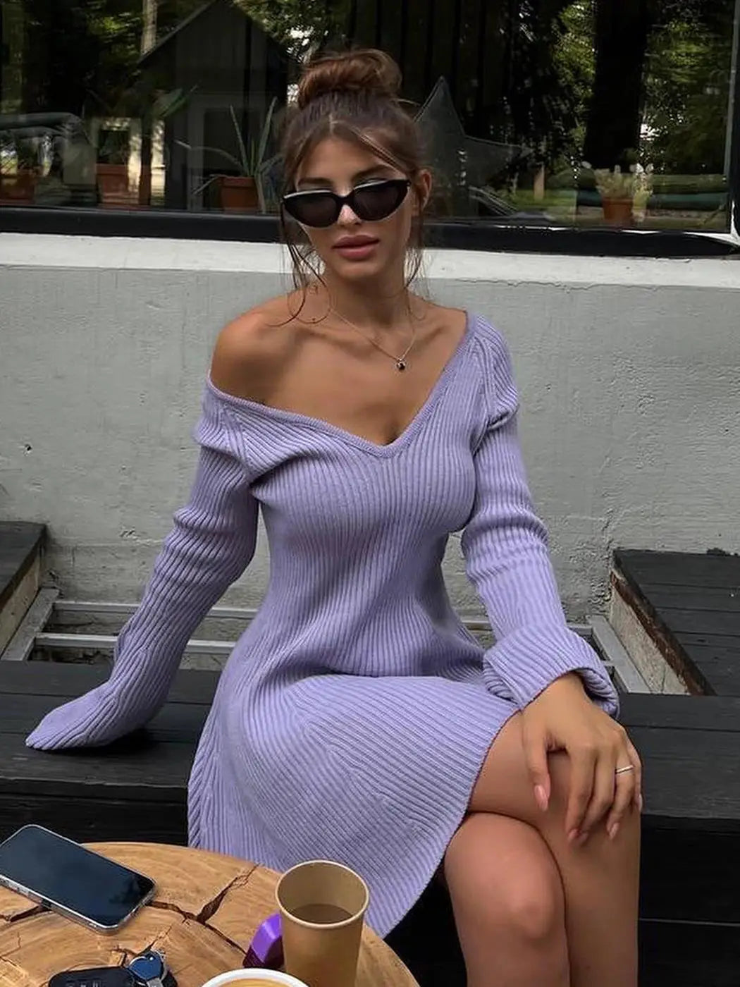 V-neck Long Sleeve Sexy Short Dress Knitted A-line Pleated Backless Solid Color Women Fall Fashion Milanni Fashion