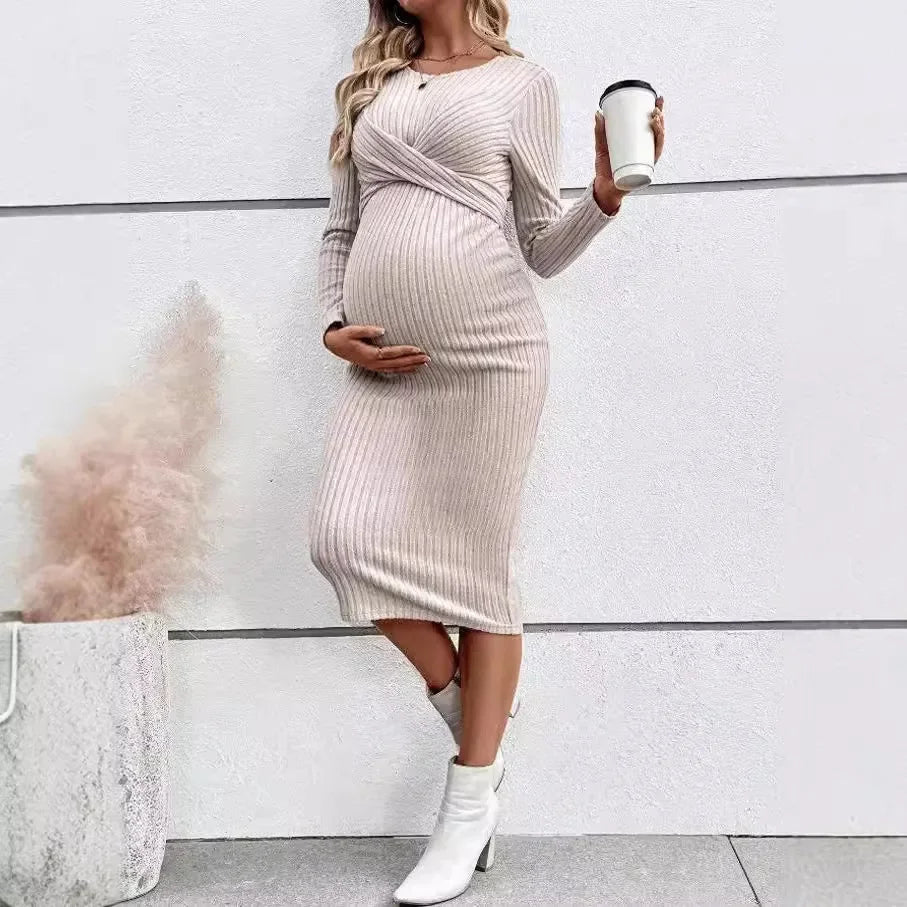 Autumn Winter American Casual Across Ties A Line Slim Dress Maternity Elegant Clothes Midi Dress Milanni Fashion   