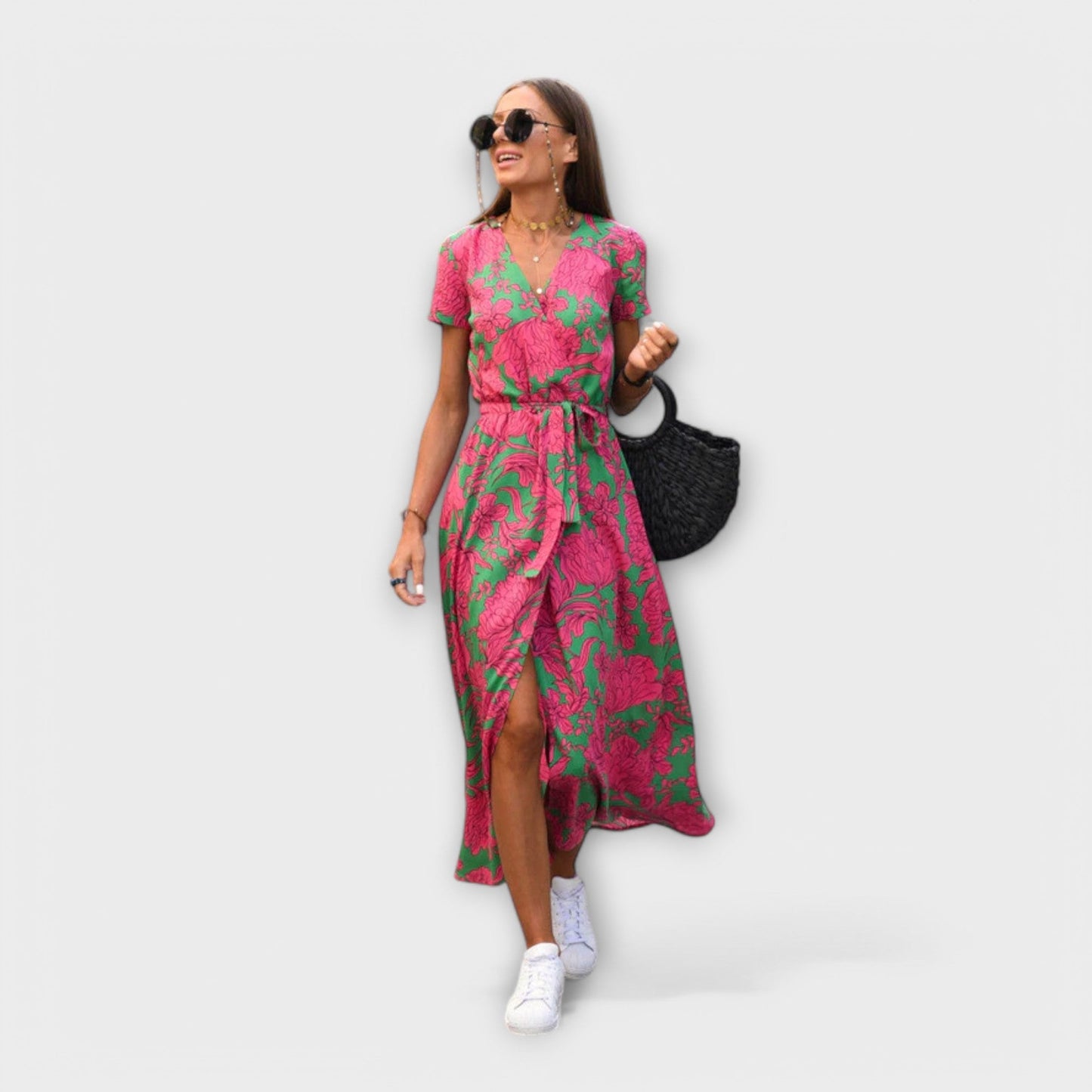 Renate | Women's Casual Long Dress with V-Neck and Belt
