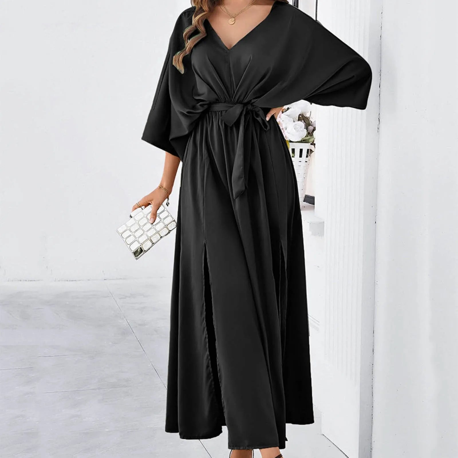 Temperament Women's Solid Color Slim Long Dress V Neck Half Sleeve Split Dress Maxi Dress Milanni Fashion Black M United States