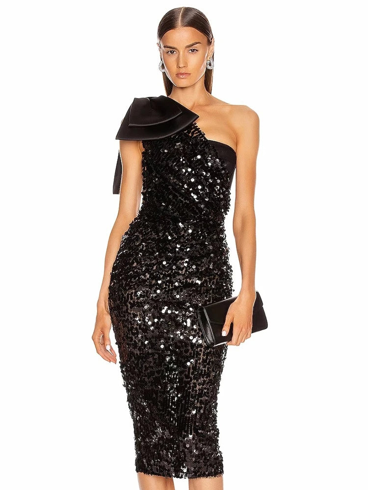 Sexy One Shoulder Bow Sequins Midi Dress Women Slanted Neck Mesh Sequined Slim Dress Midi Dress Milanni Fashion black XS 