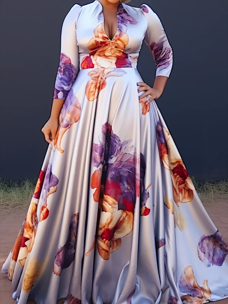 Plus Size Floral Printing Maxi Dress Elegant Multicolor V Neck 3/4 Sleeve Cotton Long Dress Maxi Dress Milanni Fashion   