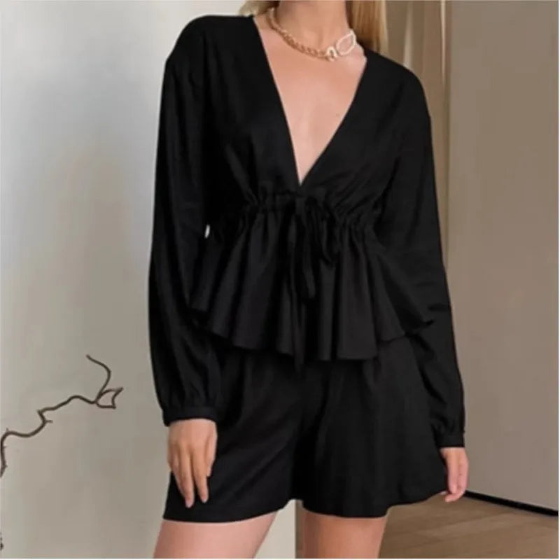 Elegant Black V-Neck Long-Sleeve Top & Shorts for Fashion Women's Spring 2-Piece Set Milanni Fashion