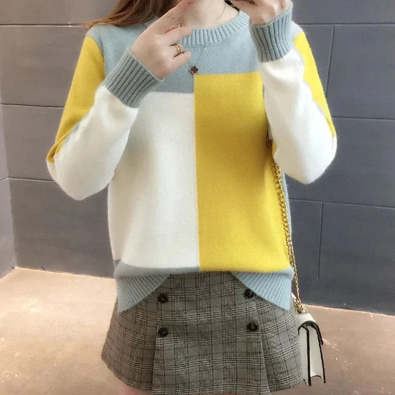 Knitted Ribbed O-Neck Color Contrast Sweater Loose Long Sleeve Wool Pullover Stylish Warm Top for Women Milanni Fashion