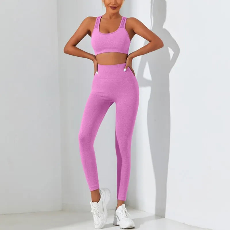 Basic Seamless High Stretch Yoga Set Tracksuit Gym Set Crisscross Back Cami Hip-hugging Tummy Control Leggings  Milanni Fashion Rose M 