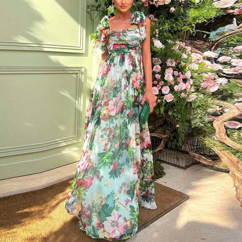 Women Fashion Bow Straps High Waist Pleated Beach Dress Chiffon Casual Floral Print Bohemian Long Dress Maxi Dress Milanni Fashion   