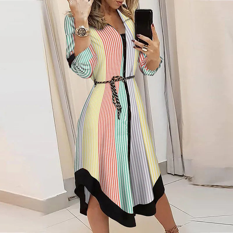 Elegant Commuter Print V-Neck Dress Lace-Up Long Sleeve Slim Fit Mid-Length Fashion Outfit for Women Milanni Fashion