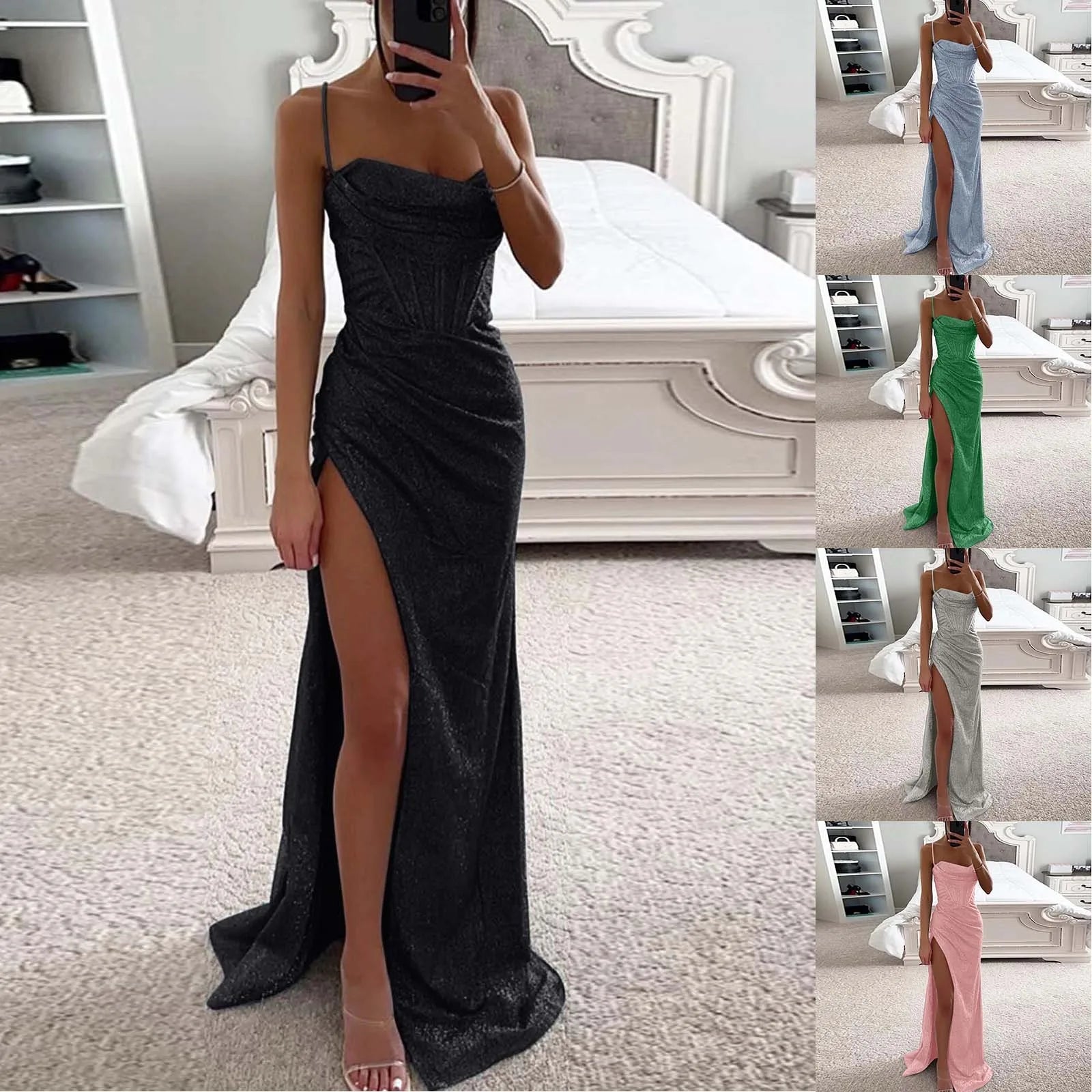 Women's Solid Color Sequin Dress Strap Sleeveless Backless Strap Cocktail Party Dress Maxi Dress Milanni Fashion   