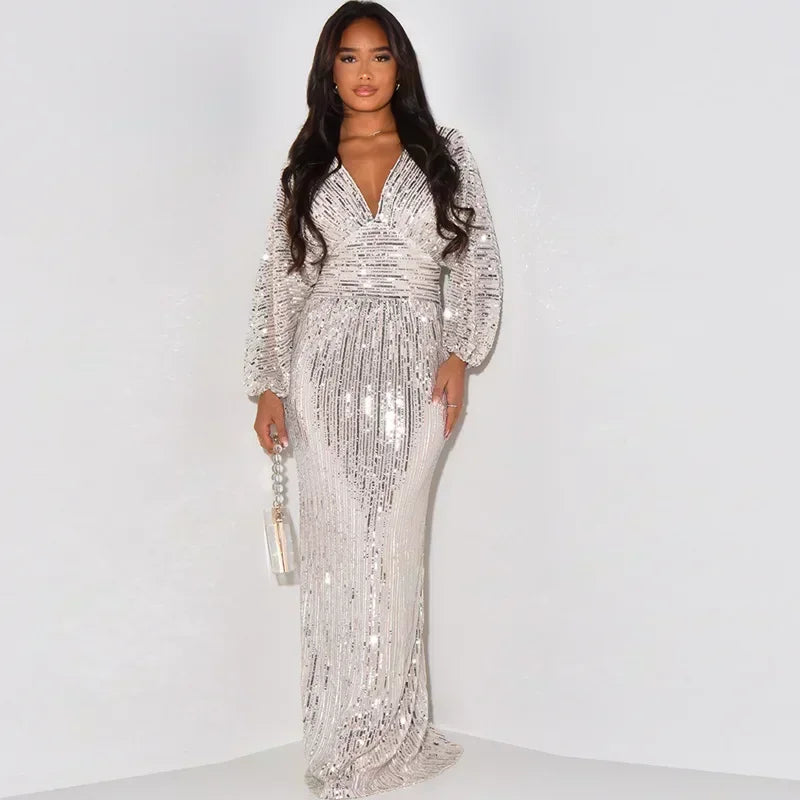 Sequin Party Dress Women Deep V Neck Long Sleeve Empire Floor Length Sparkly Cocktail Prom Evening Gowns Fall 2024 Maxi Dress Milanni Fashion Beige M CHINA