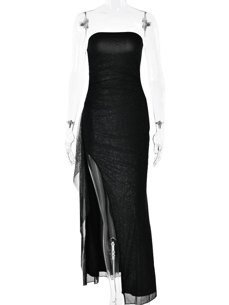 Glitter Bright Silk Sparkling Women Maxi Dress Black Sexy Strapless Evening Dress Maxi Dress Milanni Fashion   