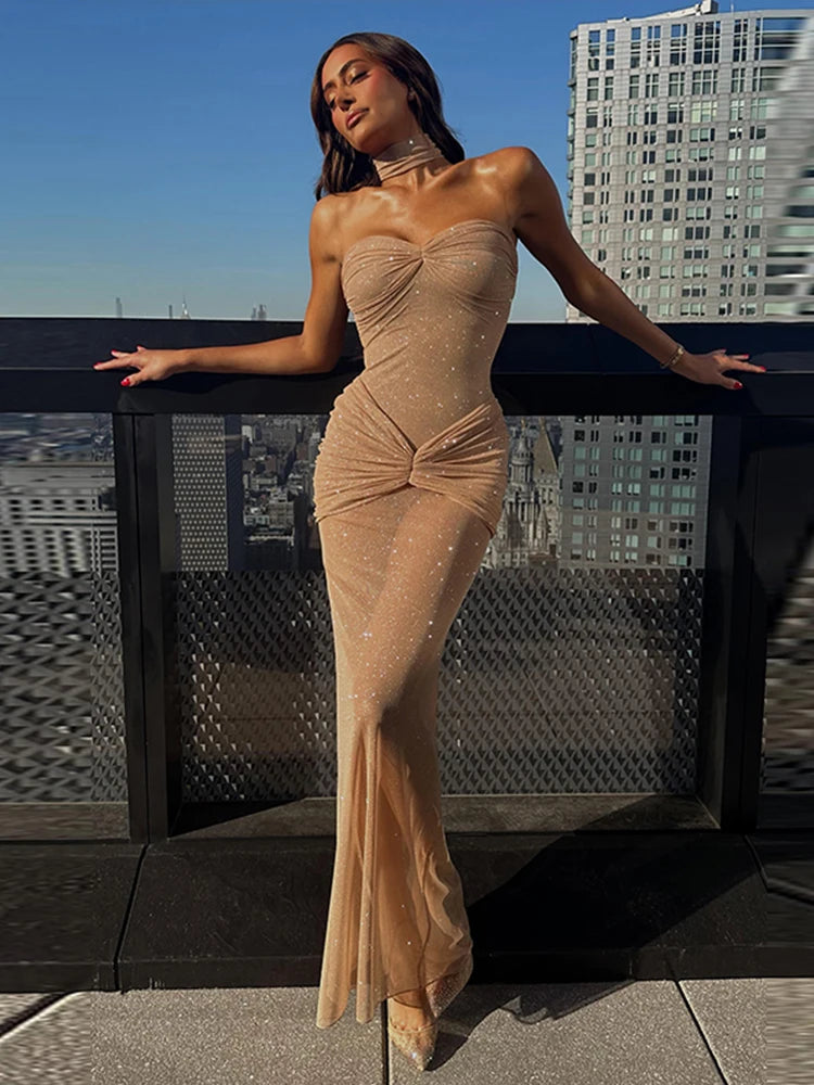 Sexy Sequin Mesh Women Dress Slim Off Shoulder Sleeveless Party Dress Midi Dress Milanni Fashion   