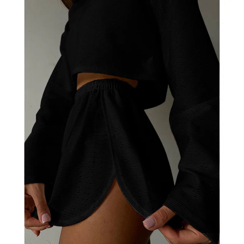 Cozy Long Sleeve Top and Shorts Two-Piece Set Relaxed Round Neck Sleepwear Comfortable Home Wear Milanni Fashion Black S