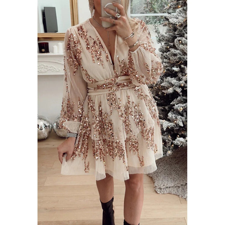 Lace Sequin Midi Dress Sexy Deep V Neck Long Sleeve Elegant Party Club Dress for Women Milanni Fashion Beige L