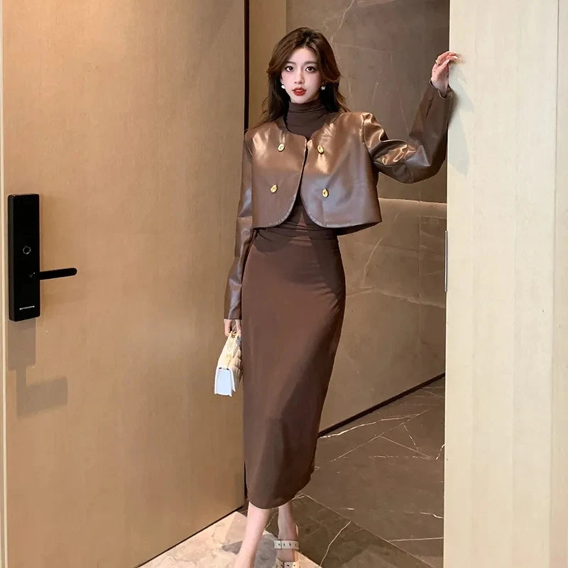 Retro O Neck Loose Short PU Leather Coat Jacket Slim High Neck Long Dress Two Piece Women Dress Suit Milanni Fashion