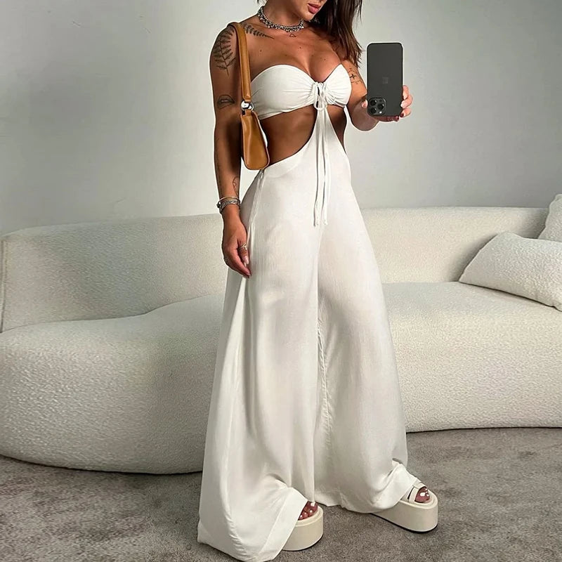 Fashionable Solid Sleeveless Hollow Tube Lace-Up Top with Loose Wide-Leg Pants Romper for High Streetwear Milanni Fashion