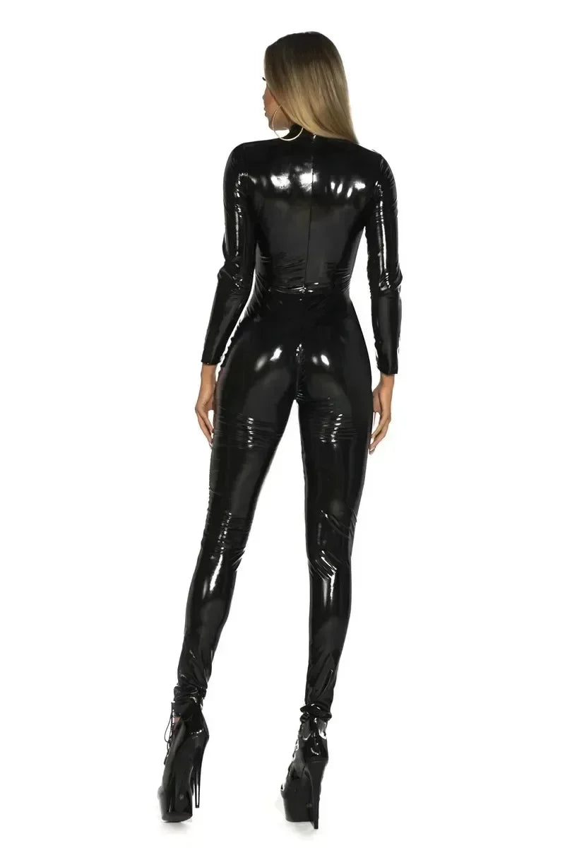 Shiny PU Leather Long Sleeve Open Crotch Latex Bodysuit for Women Sexy Clubwear Jumpsuit with Zipper Milanni Fashion