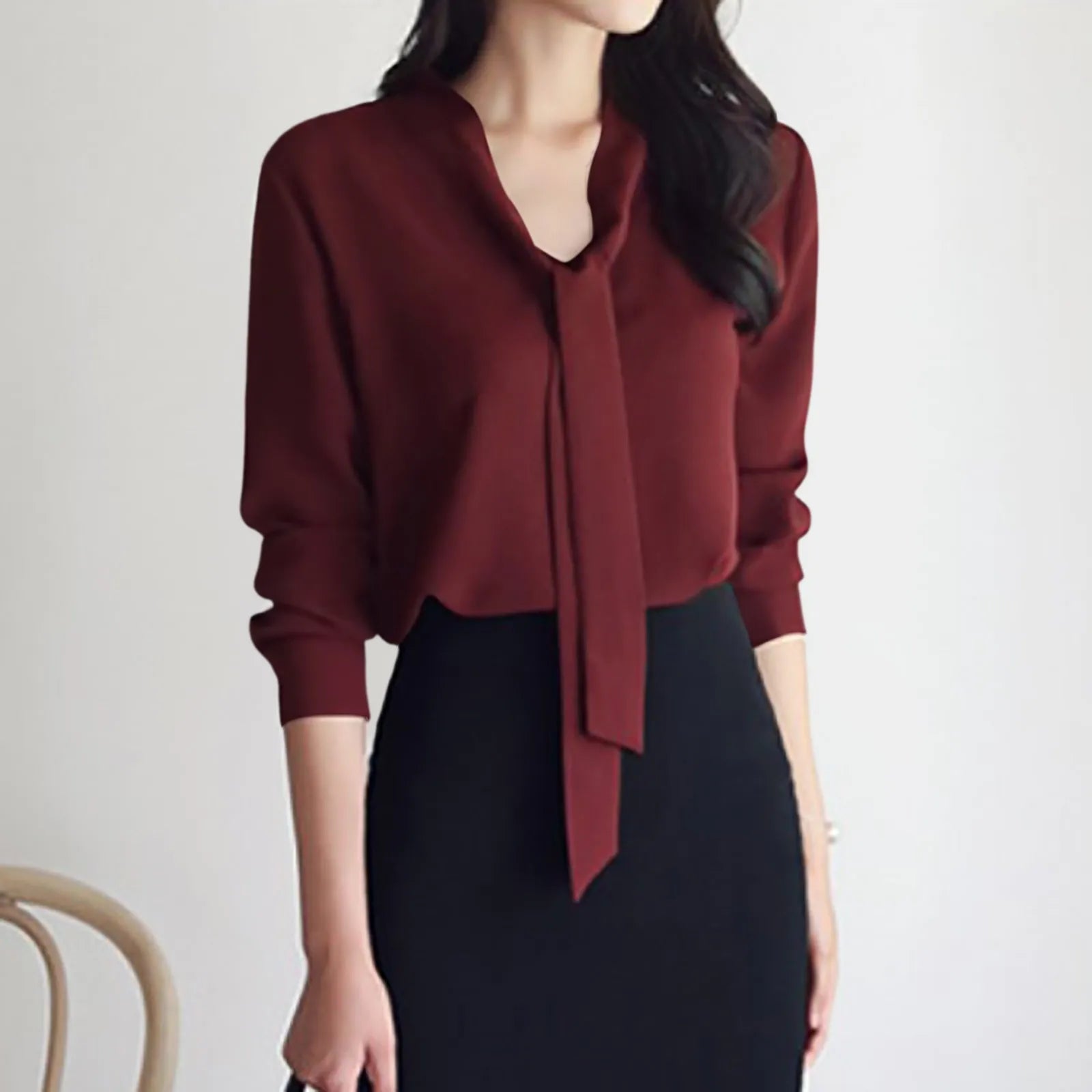 Chiffon Blouse For Women Solid Color Bow Ribbon Shirt Long Sleeve Soft Pullover  Milanni Fashion Red XXL CHINA