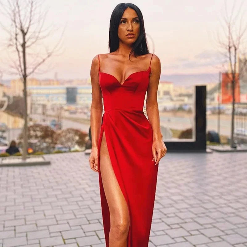 Sexy V-neck High Split Bodycon Dress Fashion Satin Elegant Women Sleeveless Long Dress Long Dress Milanni Fashion red M 