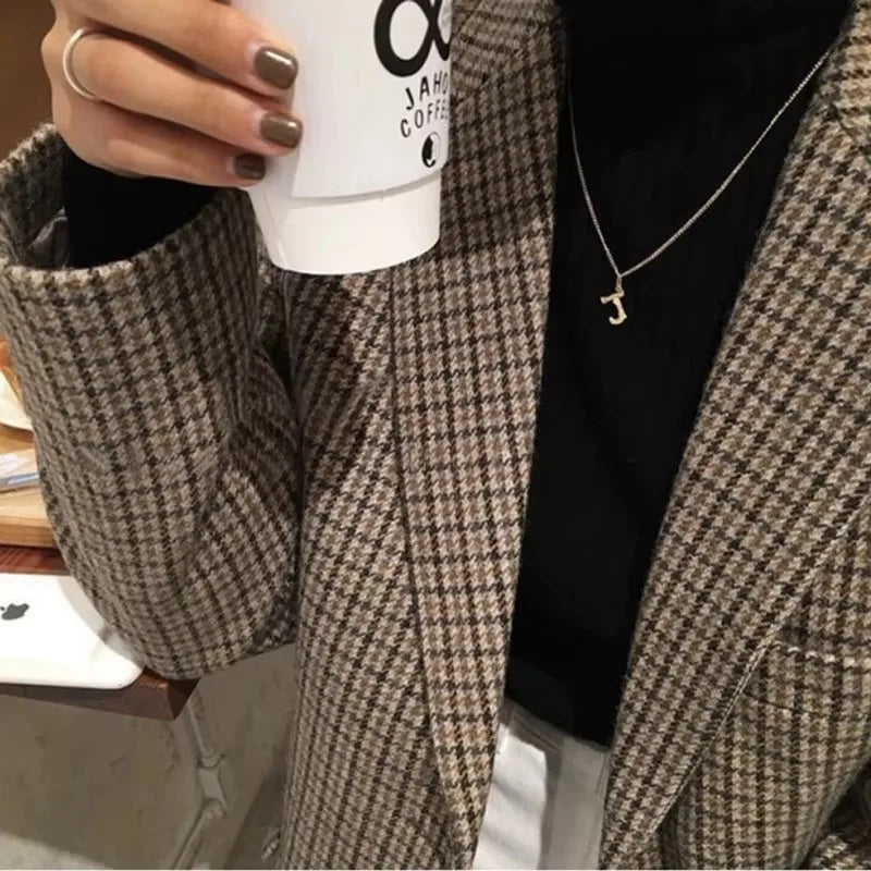 Retro Plaid Wool Suit Jacket Women Clothes 2024 Spring Autumn Large Size Blazer  Milanni Fashion   