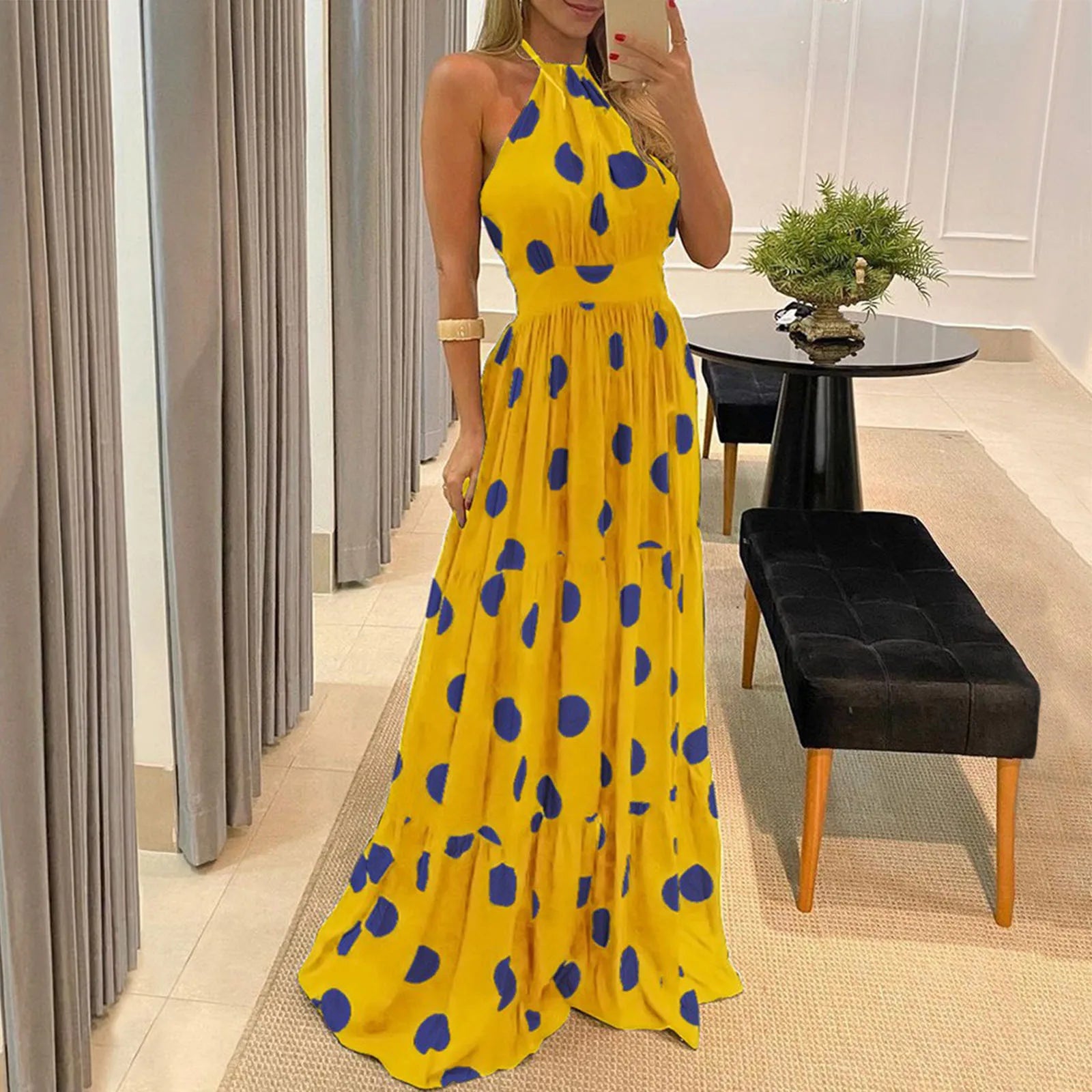 Women Summer Maxi Dress Halter Neck Backless Full-Length Skirt For Girls Maxi Dress Milanni Fashion Yellow S 