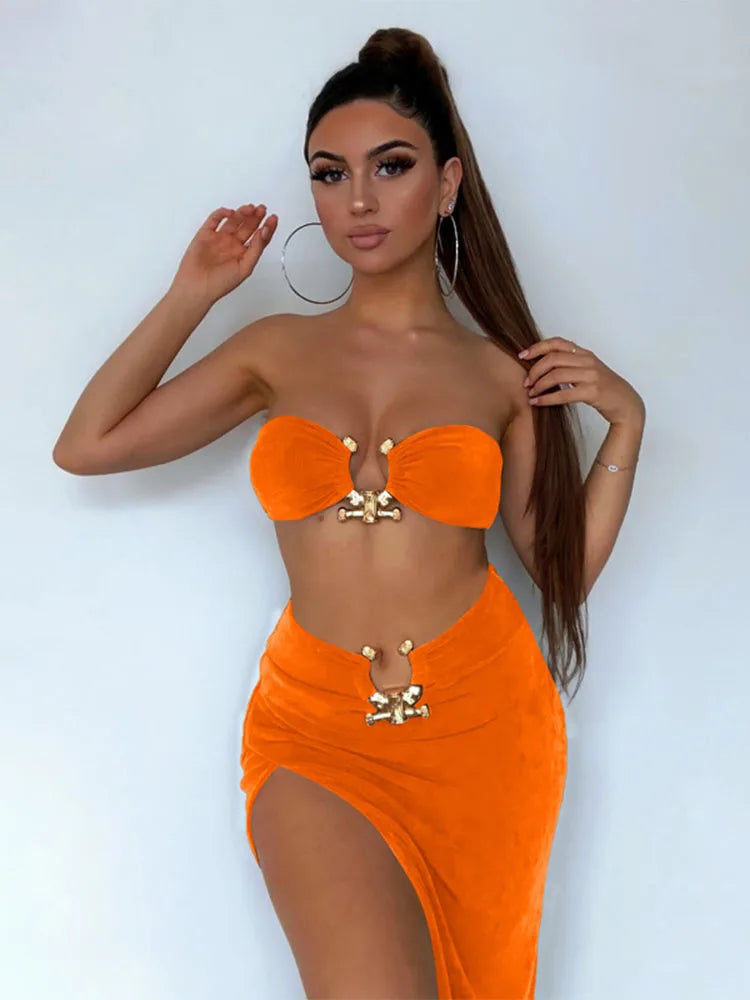 Velvet Sexy Strapless Crop Top and High-Waist Slit Maxi Dress Two-Piece Set for Women's Streetwear Milanni Fashion