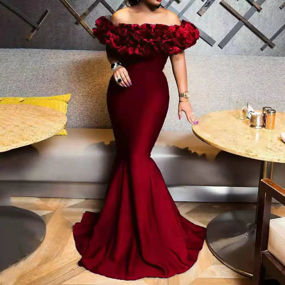 Ruffles Off The Shoulder Slim Fit Mermaid Dress Solid Color Elegant Evening Party Long Dress Maxi Dress Milanni Fashion   