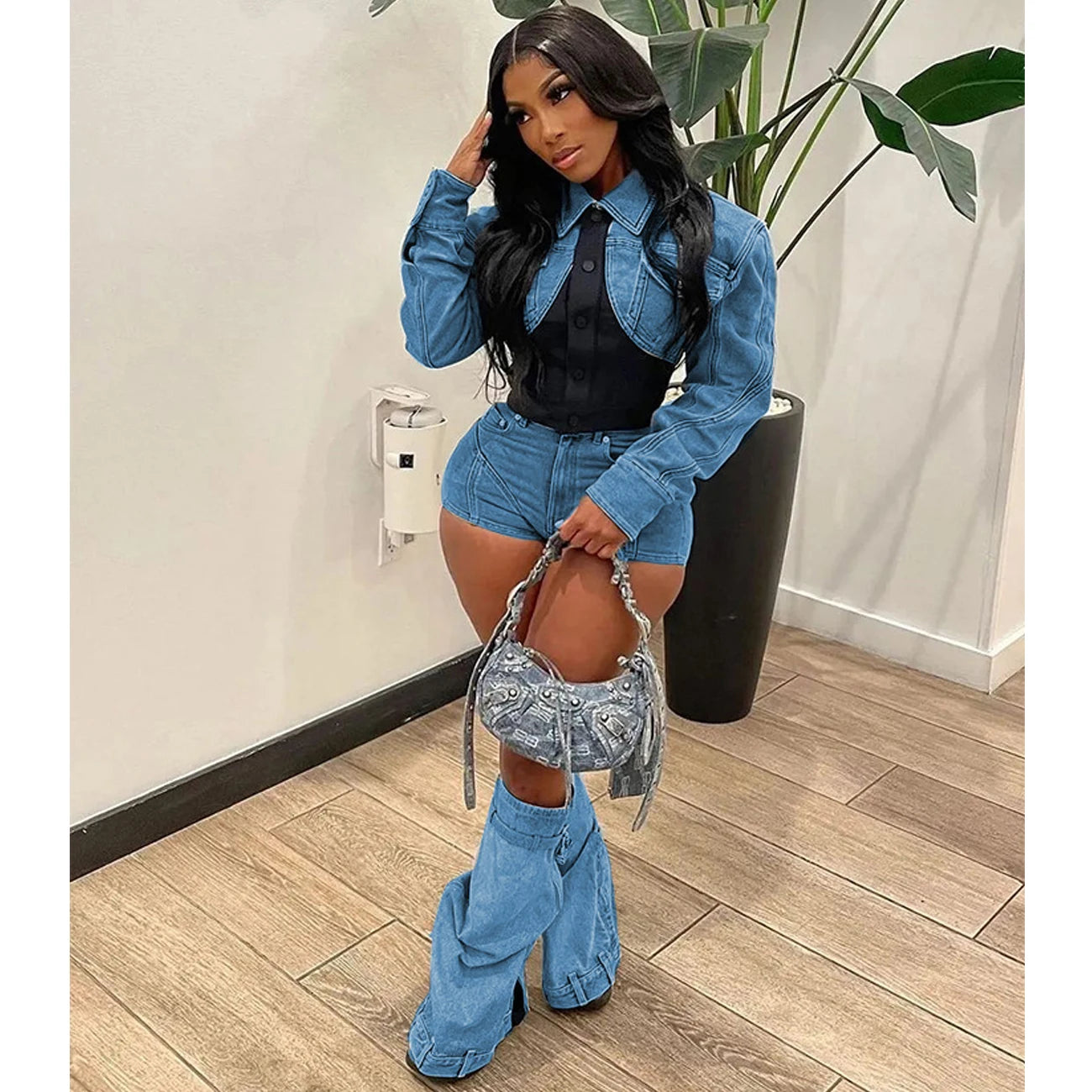 Denim Two Piece Set Cropped Top and Biker Shorts Summer Denim Tracksuit for Women Casual Outfit Milanni Fashion