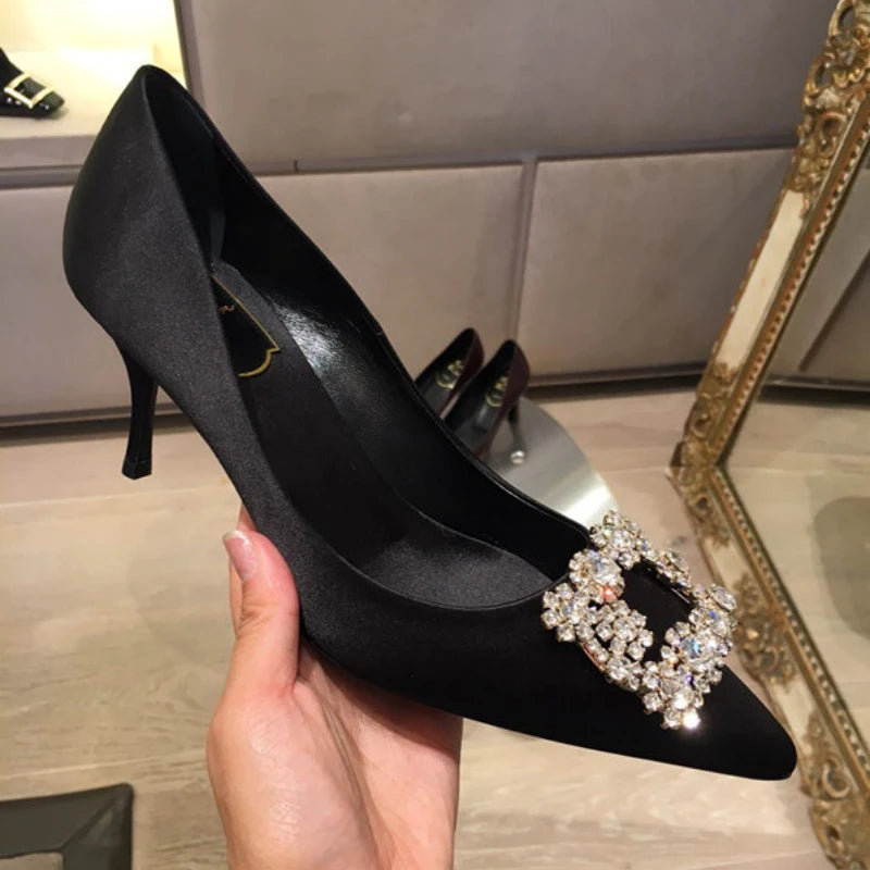 Luxury Rhinestone Pointed Toe Stiletto Heel Women Satin Designer Shoes Elegant Crystal Wedding Pumps Milanni Fashion