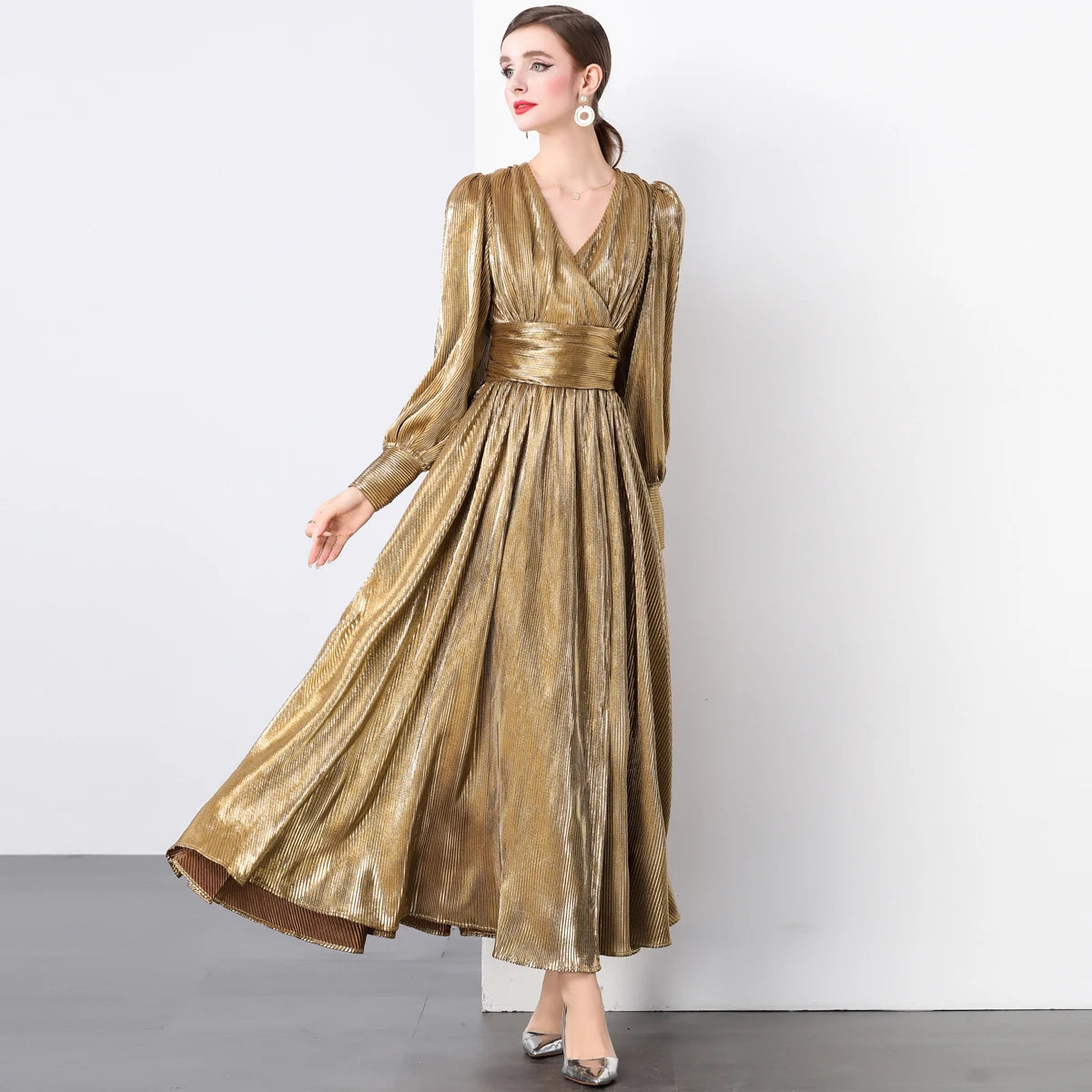 Autumn Winter Long Sleeve Maxi Dress Women Sexy V Neck Big Hem Ball Gown Party Evening Dress Maxi Dress Milanni Fashion Brown XXL 